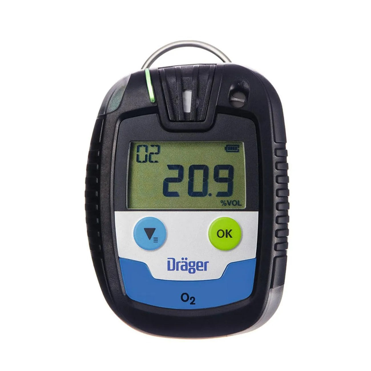 Detector de oxígeno O2 portátil Dräger PAC 6500 con el símbolo de Bluetooth en pantalla.