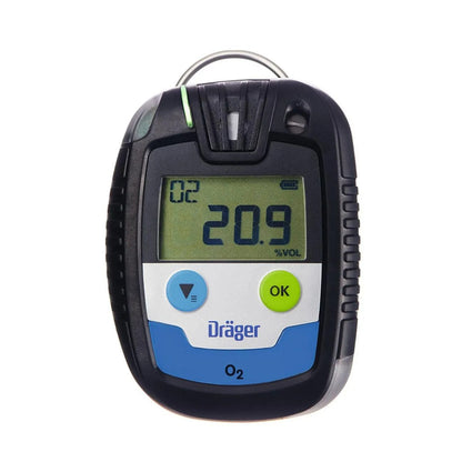 Detector de oxígeno O2 portátil Dräger PAC 6500 con el símbolo de Bluetooth en pantalla.